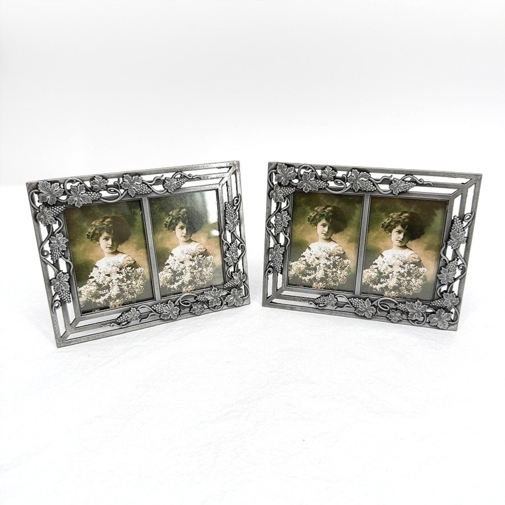 DS&A Inc Metal Dbl Photo Frame Grape Vine Pewter Finish Decor 1.5x2.5 Set of 2
